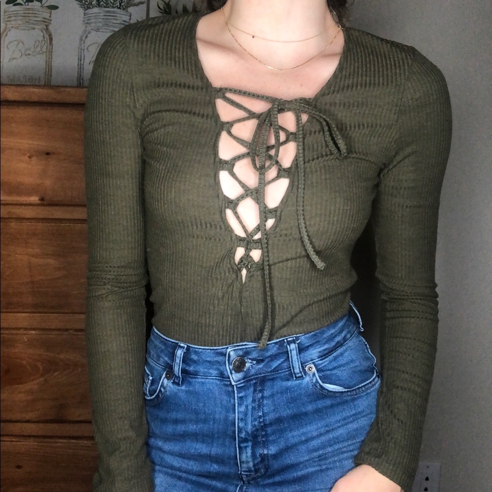 Army green lace up body suit